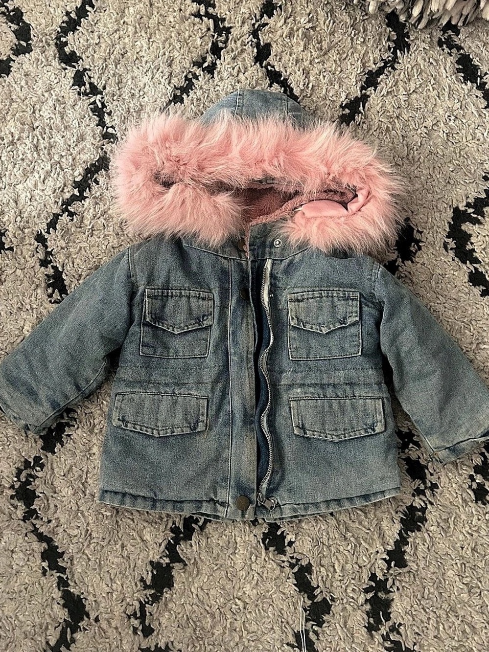 Kids Denim Jacket with Pink Faux-Fur Hood